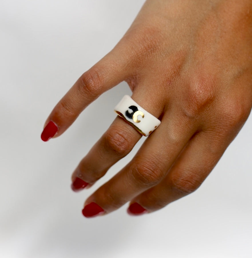 Bague en porcelaine avec lunes enlacées taille 50 Fr 