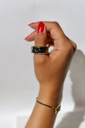 Bague en céramique noire avec inscription du mot fuck peint à l'or liquide taille 60 FR 