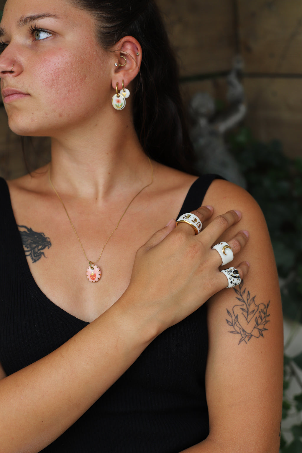 Boucles d’oreilles en porcelaine - fleur rose et or - PIMOUSSE