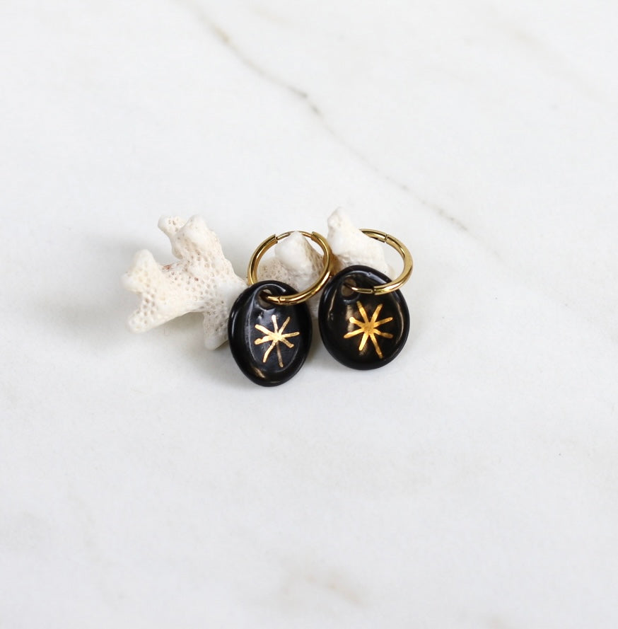 Une paire de boucles d'oreilles dorées avec des pendentifs noirs ornés d'un motif étoile dorée au centre