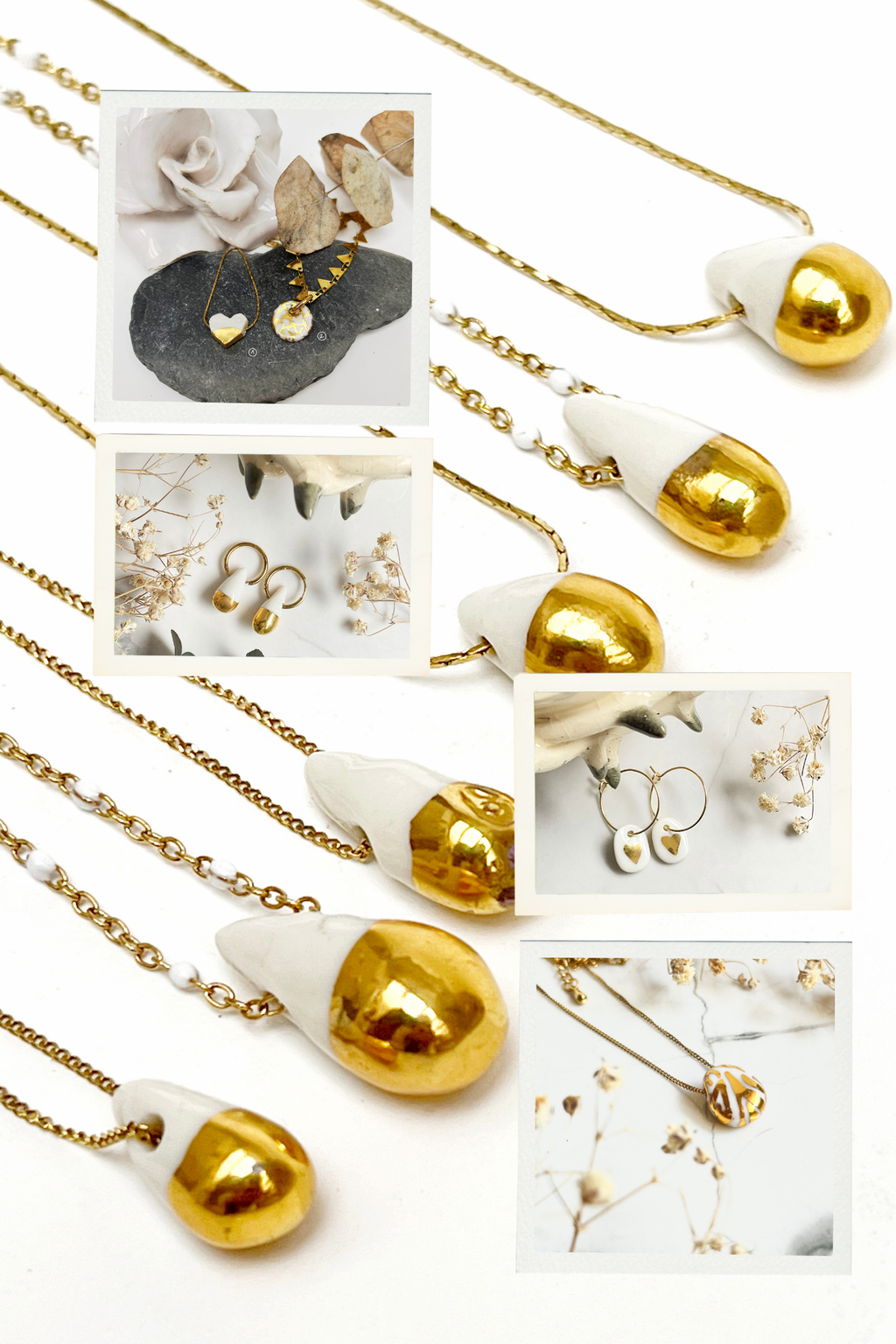 colliers fins ornés d'un pendentif goutte en porcelaine blanche véritable avec une dorure à l'or fin sur le bas fait main artisanalement 