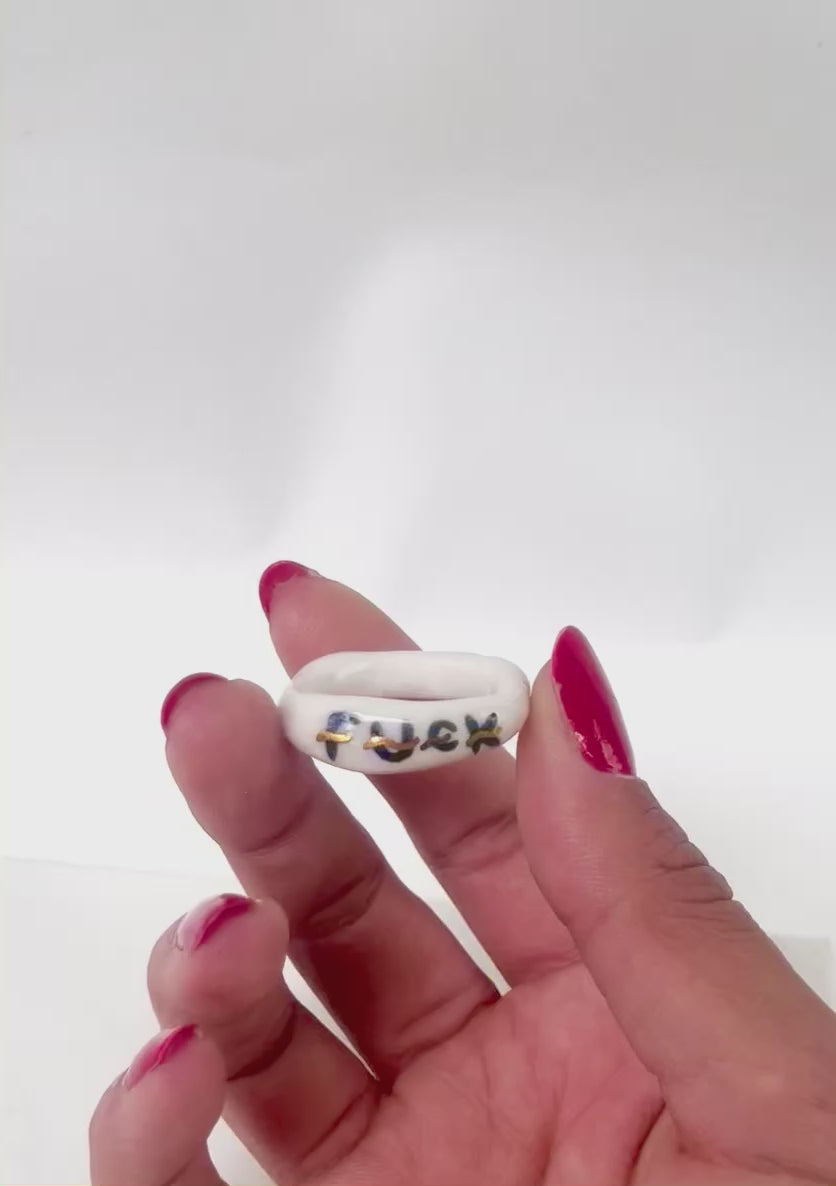 Bague fuck en porcelaine blanche noire et or - FR 61 ( US 9 3/4)